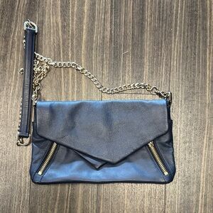 Pour La Victoire Navy Leather Clutch with Gold Chain
